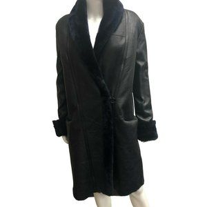 Veda Navy Fur Plaid Sleeve Reversible Black Leather Long Coat New Size P